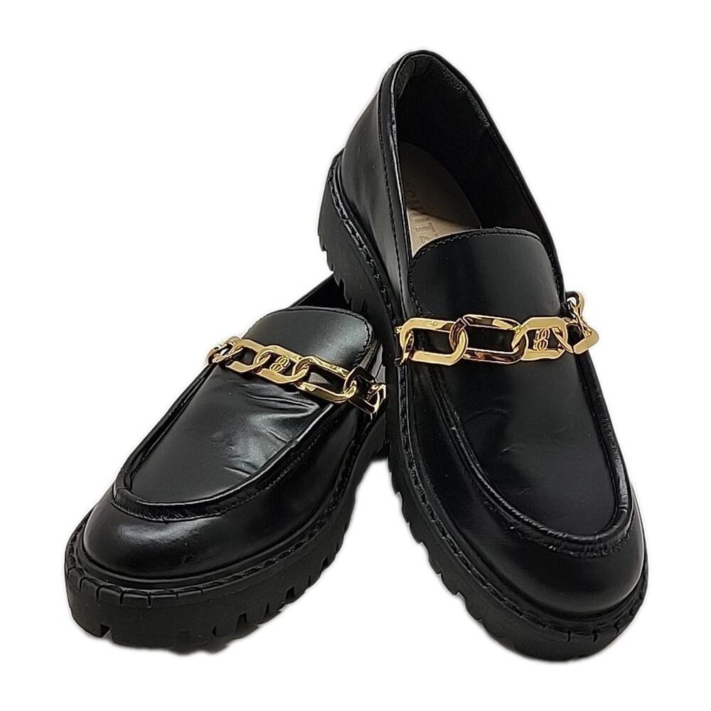 SCHUTZ Black Leather Platform Loafers Size 7B Christie Gold ChainChunky LugSoles